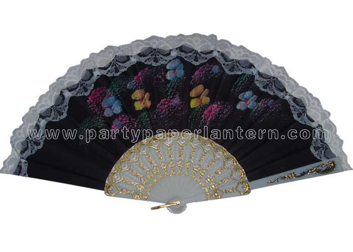 Flower Design Printed Lace Hand Held Fans , Promotional Lace Folding Fans